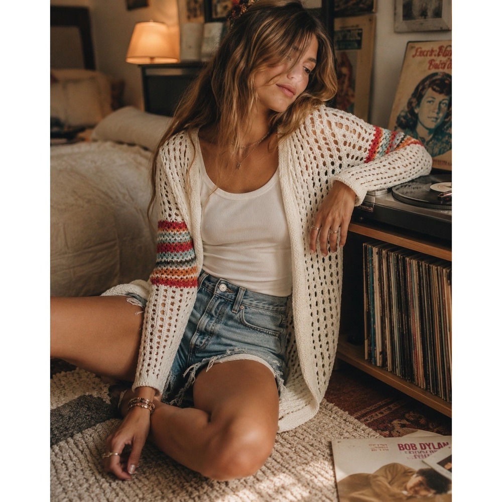 POL Boho Crochet Duster Cardigan S• Retro Striped Open Knit Grandmacore Coastal